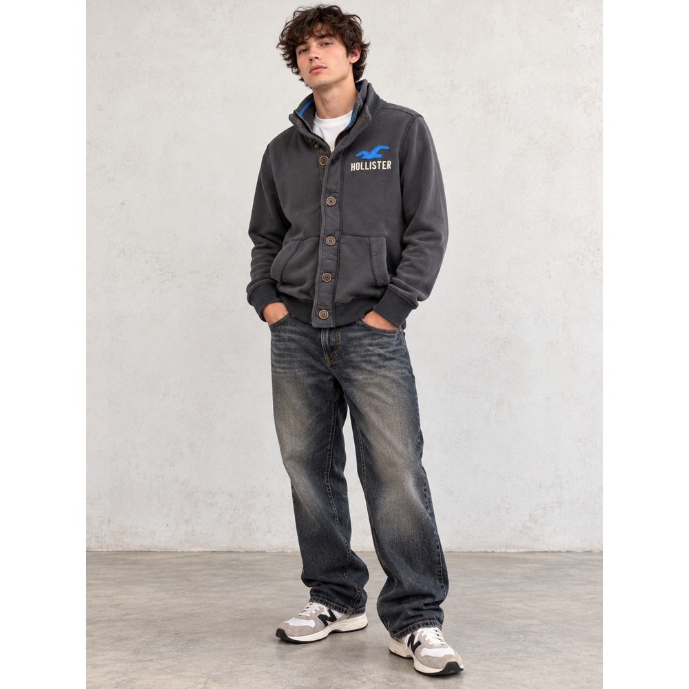 Hollister Y2K 90s Grunge Faded Fleece Lined Zip ButtonFront Black Gray M Jacket